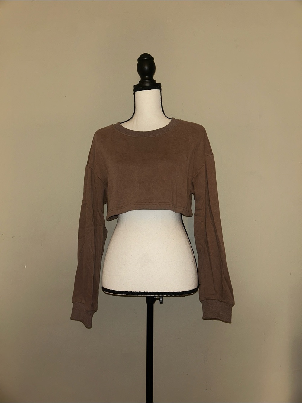 SHEIN Taupe Cropped Long-Sleeve Crewneck Top